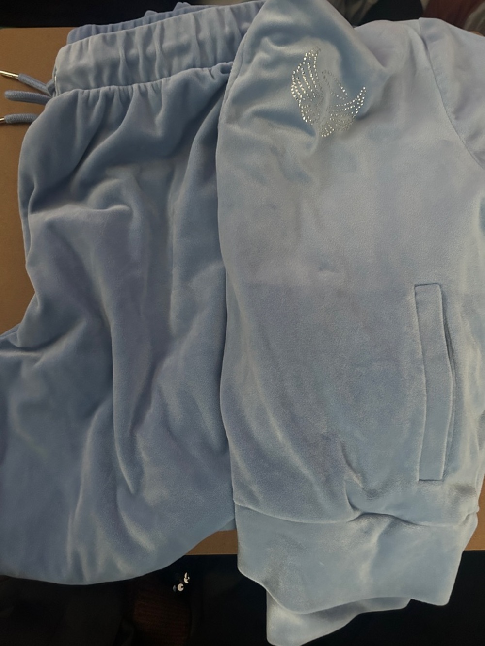 NOBO Light Blue Velour Tracksuit with Rhinestone Dove Accent
